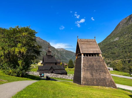 Photo for Borgund, Norway; September 9 2023: Autumn landscape in Wooden church of Borgund in south Norway - Royalty Free Image