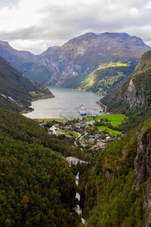 Autumn landscape in Geiranger Fiord valley, south Norway in Europe