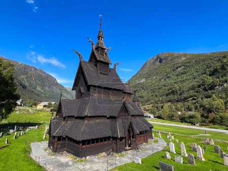 Photo for Autumn landscape in Wooden church of Borgund in south Norway - Royalty Free Image