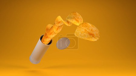 Téléchargez les photos : Rendu 3D, paquet ouvert de croustilles de pomme de terre sur fond orange. Frites croustillantes. - en image libre de droit