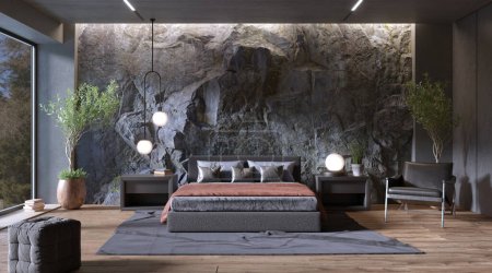 Photo for Natural Mountain Rock Wall in modern bedroom interior, 3d render - Royalty Free Image