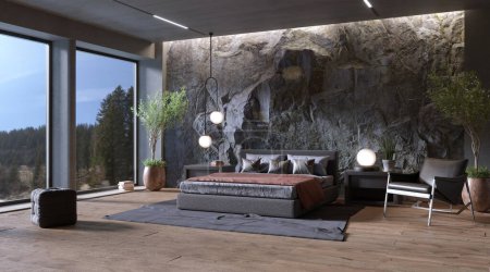 Foto de Pared de roca de montaña natural en el interior del dormitorio moderno, 3d render - Imagen libre de derechos