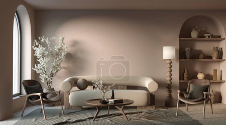 Minimalist interior design on arch wall background. Wall mockup concept, 3d render 