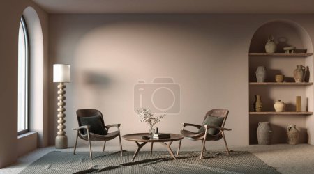 Téléchargez les photos : Design intérieur minimaliste sur fond de mur en arc. Concept de maquette murale, rendu 3d - en image libre de droit