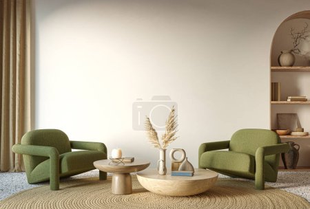 Téléchargez les photos : Design intérieur minimaliste sur fond de mur en arc. Concept de maquette murale, rendu 3d - en image libre de droit