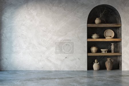Téléchargez les photos : Design d'intérieur Wabi sabi sur fond de mur voûte. Concept de maquette murale, rendu 3d - en image libre de droit
