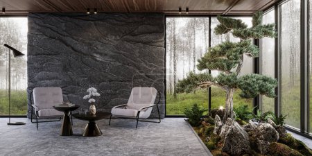 Téléchargez les photos : Salon intérieur moderne avec fenêtres panoramiques et paroi rocheuse naturelle, rendu 3d - en image libre de droit