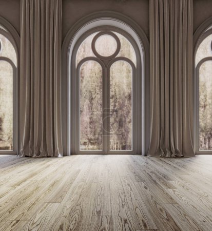 Téléchargez les photos : Salon intérieur avec baies vitrées, rendu 3D - en image libre de droit