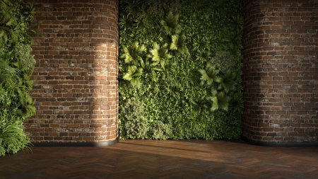Vertikale grüne Wand in modernem Interieur, 3D-Render