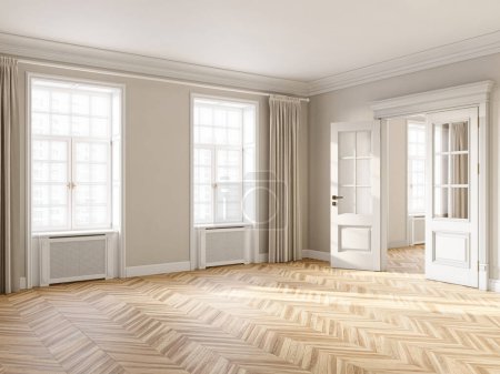 Leere Wohnzimmereinrichtung mit Fenstern, beigen Wänden und Hartholzböden, 3D-Rendering 