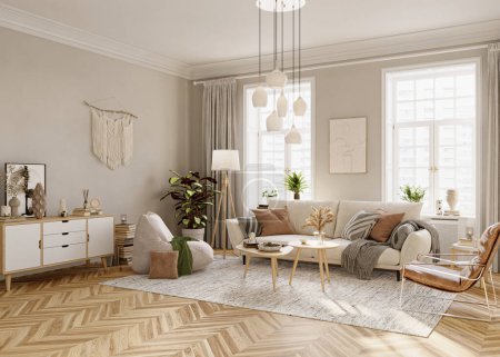 Foto de El diseño interior brillante de la sala de estar con ventanas y paredes beige está amueblado con un sofá moderno, armarios, lámpara de pie, mesa de centro y otros elementos decorativos, renderizado en 3D - Imagen libre de derechos