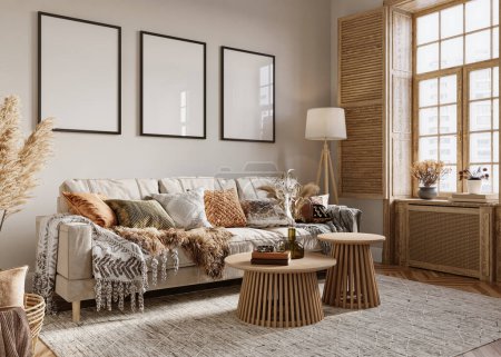 Foto de Moderno salón interior de fondo con ventana de madera, acogedor sofá y marcos de maqueta, 3d renderizado - Imagen libre de derechos