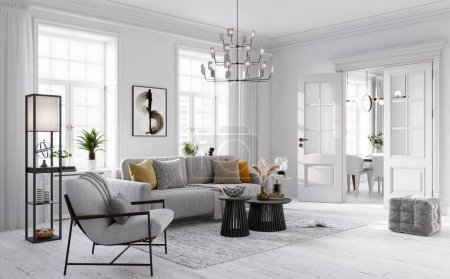 Foto de Interior de salón luminoso con ventanas y muebles modernos. Paredes blancas y pisos de madera, representación 3D - Imagen libre de derechos