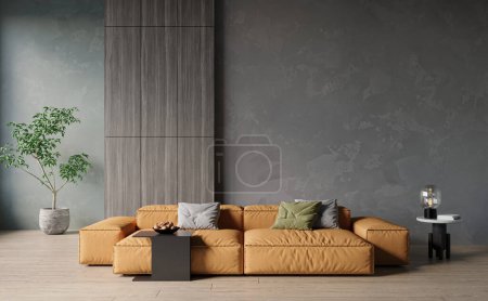 Photo for Modern living room design interior, stucco wall, hardwood flooring, cozy furniture, sofa, armchair. Mockup concept, 3d rendering - Royalty Free Image