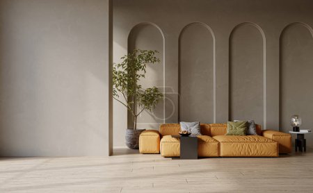 Foto de Moderno salón de diseño interior, pared de estuco, pisos de madera, muebles acogedores, sofá, sillón. Concepto de burla, representación 3d - Imagen libre de derechos
