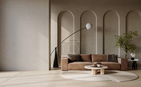 Foto de Moderno salón de diseño interior, pared de estuco, pisos de madera, muebles acogedores, sofá, sillón. Concepto de burla, representación 3d - Imagen libre de derechos