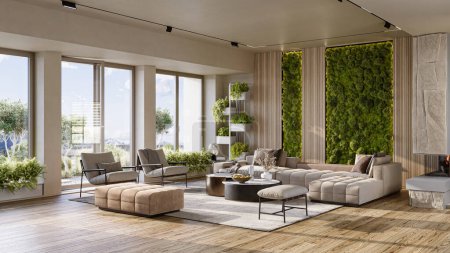 Reindeer moss wall in modern living room interior. Vertical landscaping of walls, 3d rendering 