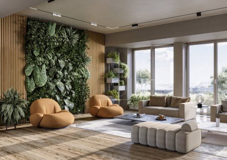Téléchargez les photos : Vivre mur vert à l'intérieur de la maison. Jardinage vertical, rendu 3d - en image libre de droit