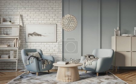 Photo for Bright living room interior with birk walls and cozy furniture, 3d render - Royalty Free Image