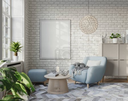 Photo for Bright living room interior with birk walls and cozy furniture, 3d render - Royalty Free Image