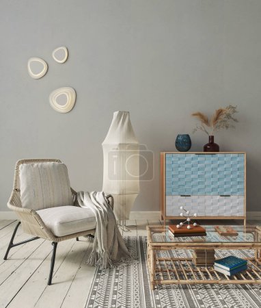 Téléchargez les photos : Design intérieur minimaliste avec fauteuil en osier et décor rustique. Modélisation de salon, rendu 3d - en image libre de droit