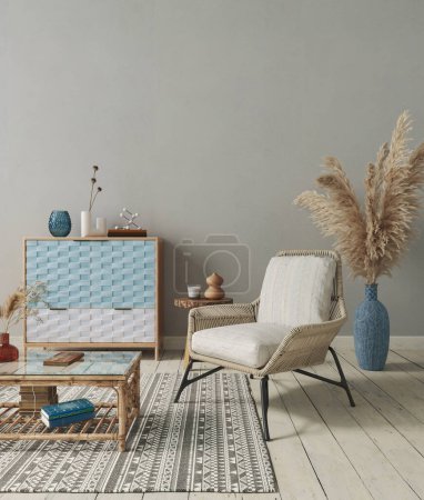 Foto de Diseño interior minimalista con sillón de mimbre y decoración rústica. Sala de estar mockup, 3d render - Imagen libre de derechos