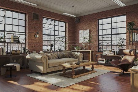 Industrielle Ziegel Wohnzimmer Innenarchitektur. Loft-Wohnung mit modernen Möbeln und Hartholzböden, 3D-Render 