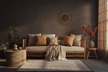 Photo for Dark Wabi sabi style interior with copy space on the limewash wall background. Wall mockup, 3d rendering - Royalty Free Image