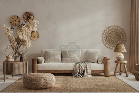 Photo for Wabi sabi style interior with copy space on the limewash wall background. Wall mockup, 3d rendering - Royalty Free Image