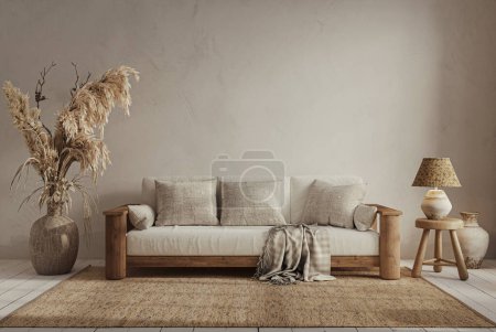 Photo for Wabi sabi style interior with copy space on the limewash wall background. Wall mockup, 3d rendering - Royalty Free Image