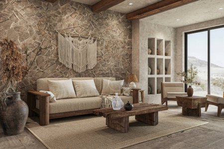 Intérieur chaleureux de style wabi sabi avec mur en pierre et meubles en bois confortables. Décor de maison ethnique, maquette murale, rendu 3d  