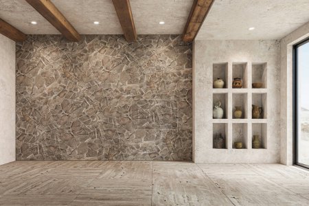 Photo for Warm wabi sabi style interior with stone wall and cozy wood furniture. Ethnic home decor, Wall mockup, 3d rendering - Royalty Free Image