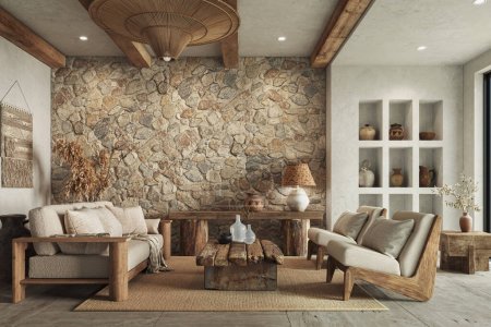 Warmes Wabi Sabi-Interieur mit Steinmauer und gemütlichen Holzmöbeln. Ethnische Wohnkultur, Wandattrappe, 3D-Rendering  