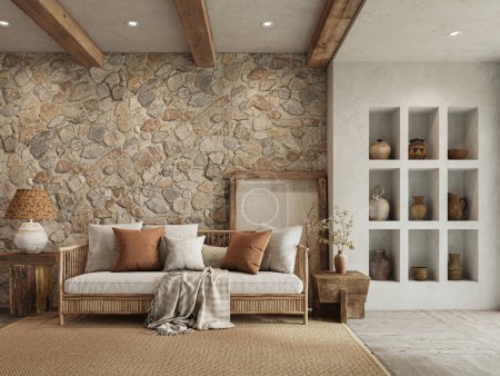 Warmes Wabi Sabi-Interieur mit Steinmauer und gemütlichen Holzmöbeln. Ethnische Wohnkultur, Wandattrappe, 3D-Rendering  