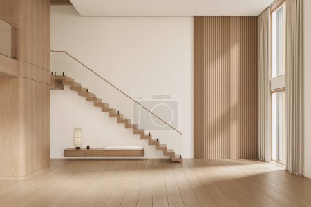 Photo for Open space living room and kitchen interior with large windows, TV wall, gray sofa, wood panels and stairs. Modern design solution, 3d rendering - Royalty Free Image