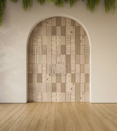 Mockup diseño interior de apartamento moderno con pared de arco. Copiar espacio. Plantilla, 3d renderizado
