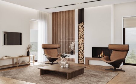 Interior minimalista de la sala de estar con paredes blancas y chimenea moderna. Maqueta interior, 3d render
