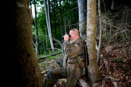 Téléchargez les photos : Un chasseur à barbe grise tenant des jumelles dans ses mains et un fusil au-dessus de son épaule pendant la chasse, se promène dans la forêt, regarde à travers des jumelles et observe la nature. Concept de chasse et de voyage - en image libre de droit