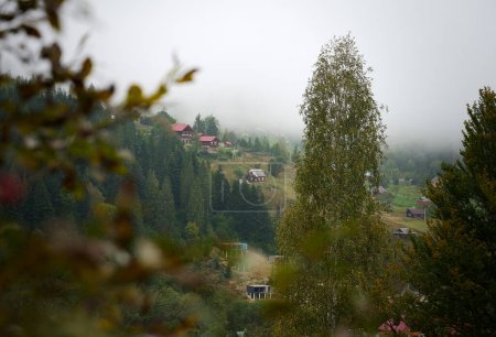 Téléchargez les photos : Paysage pittoresque de matin brumeux dans le village de montagne dans les Carpates, Ukraine - en image libre de droit