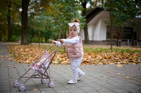 Photo for Small pretty girl with baby carriage walking in the park full of colorful leaves on the ground. Cute baby girl in the park. Child carrying leaves in the park - Royalty Free Image