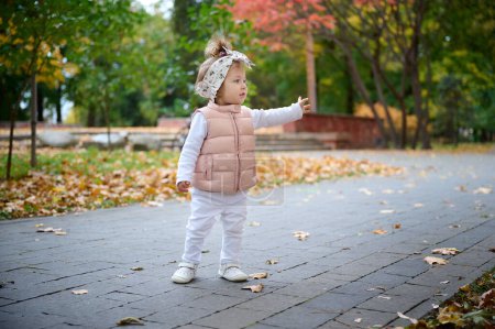 Photo for Small pretty girl walking in the park full of colorful leaves on the ground. Cute baby girl in the park. Child carrying leaves in the park - Royalty Free Image