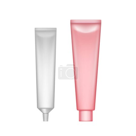 Ilustración de Envase cosmético realista blanco y rosado de la crema, tubo para la crema, ungüento, pasta de dientes, botella de la maqueta de la loción. Gel, bálsamo, recipientes para mezclas a granel. 3d vector ilustración - Imagen libre de derechos