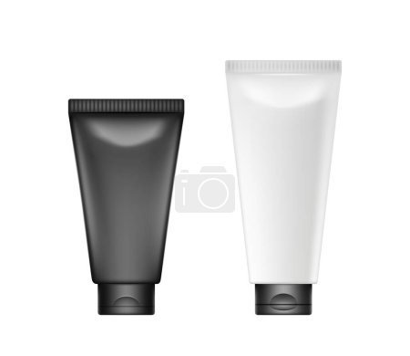 Illustration for Cosmetic product packaging design. Black and white cream tubes with caps on white background. Skincare or beauty fashion mockup package for cream or lotion. Vector illustration - Royalty Free Image