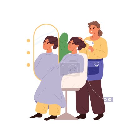 Coiffeur femme séchant les cheveux au client avec sèche-cheveux après le lavage et la coupe de cheveux dans le salon. Esthéticienne professionnelle styliste travailler avec le client. Illustration vectorielle plate de bande dessinée
