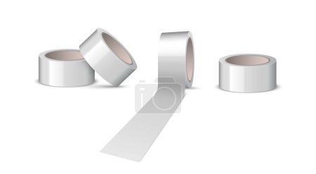 Illustration for Silver duct roll adhesive tape realistic isolated on white background. Office and household supplies, construction sellotape. Sticky scotch round reels set. Vector illustration - Royalty Free Image