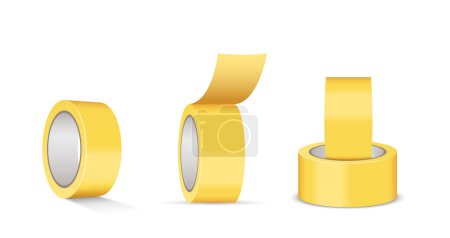 Realistic duct tape set. Yellow sticky adhesive roll for attaching or connecting isolated on white background. Bonding tool paper sticker effect. Office supply. Vector illustration