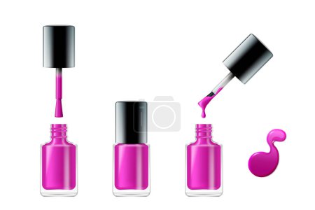 Illustration for Pink nail polish realistic opened and closed bottle with lid, brush and paint drop isolated on white background. Manicure and stylish pedicure elements. 3d vector illustration - Royalty Free Image