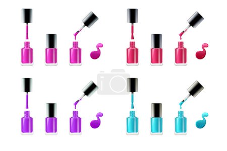 Nail polish set. Blue, pink and purple paint realistic opened and closed bottle, brush and enamel drop on white background for manicure and pedicure in salon. Vector illustration