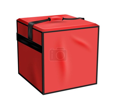 Illustration for Red courier delivery bag. Waterproofing thermal container refrigerator for fresh food shipping, pizza package realistic box isolated on white background. Vector illustration - Royalty Free Image