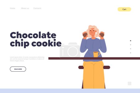 Illustration for Chocolate chip cookie concept of landing page with girl eat choco snack and drink coffee. Woman enjoy biscuits in cafe. Female taste sweet delicious meal in cafeteria. Cartoon flat vector illustration - Royalty Free Image